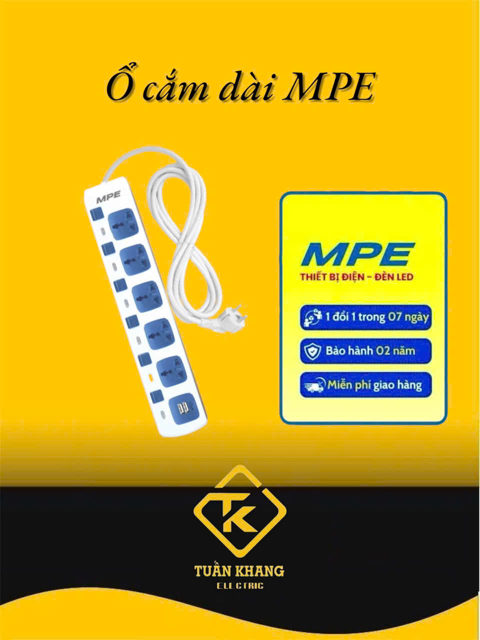 Ổ cắm di động MPE 5 ổ cắm đa năng AM5S-2USB, tích hợp 2 cổng sạc USB